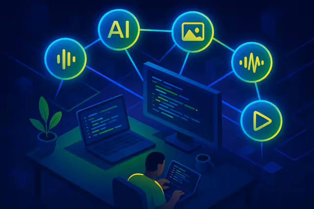 Workspace de desenvolvedor com nos de conexao de APIs de IA flutuando em ambiente escuro com linhas luminosas -- conceito visual do guia de APIs de IA para dev brasileiro 2026