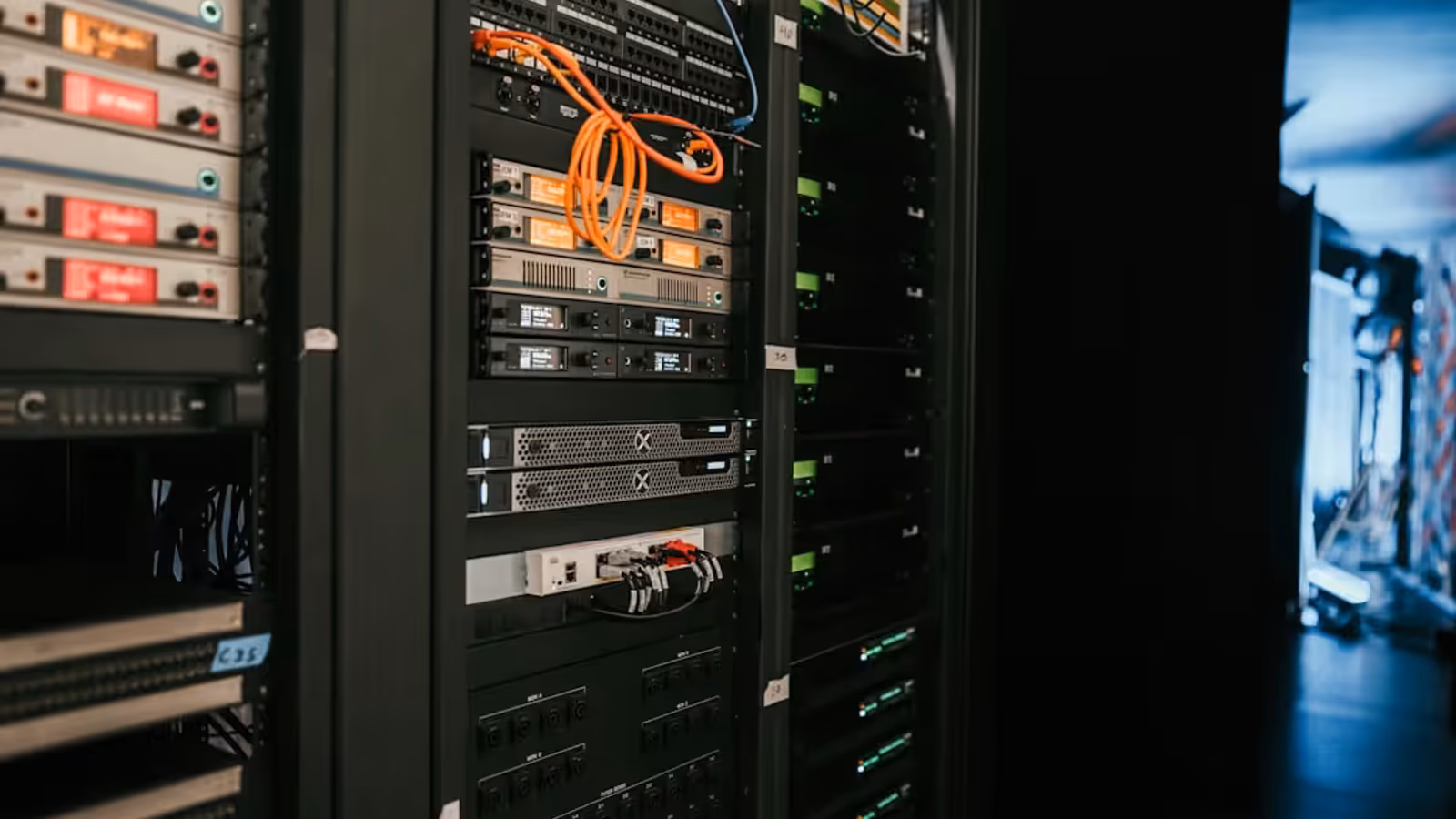 servidores em rack em data center escuro com cabos de rede iluminados representando infraestrutura de hospedagem de sites