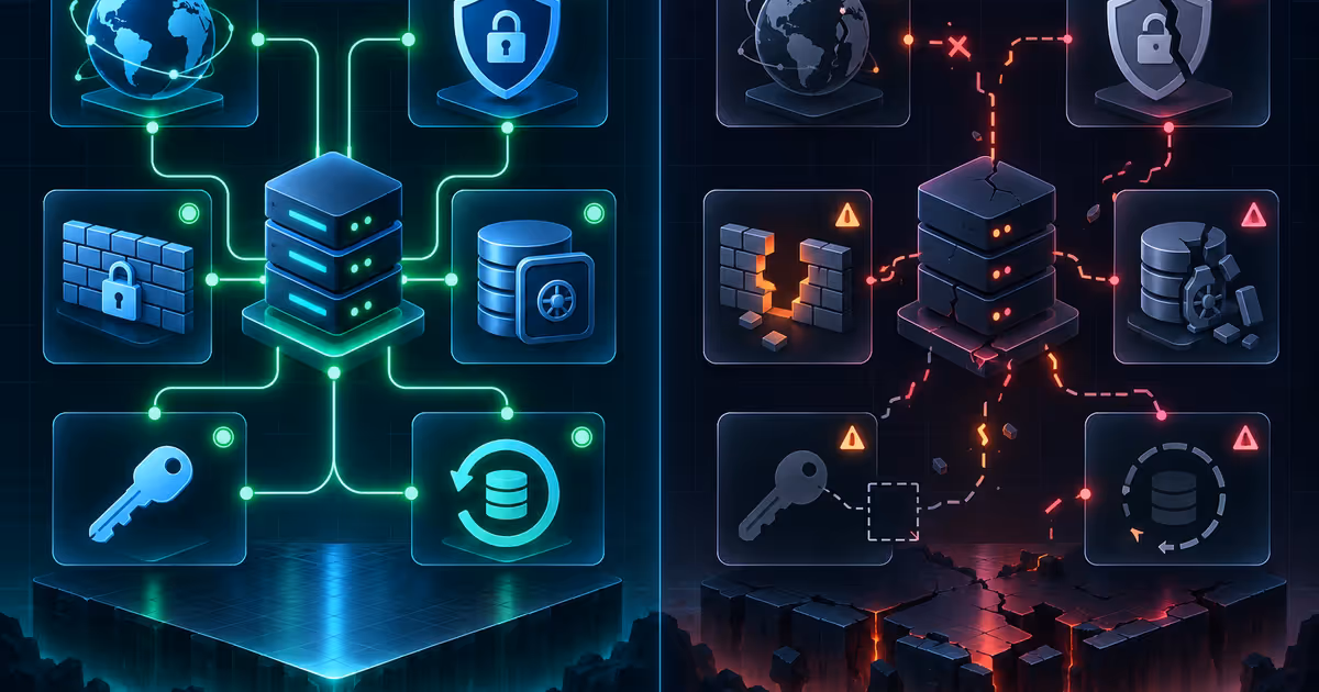 Painel compara VPS pronta com domínio, TLS, firewall, backup, restauração e SSH contra ambiente quebrado.