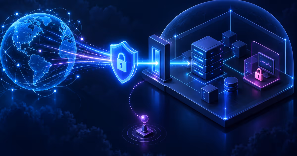 Internet passa por TLS e gateway controlado, enquanto servidor e endpoint de diagnóstico ficam em área privada.