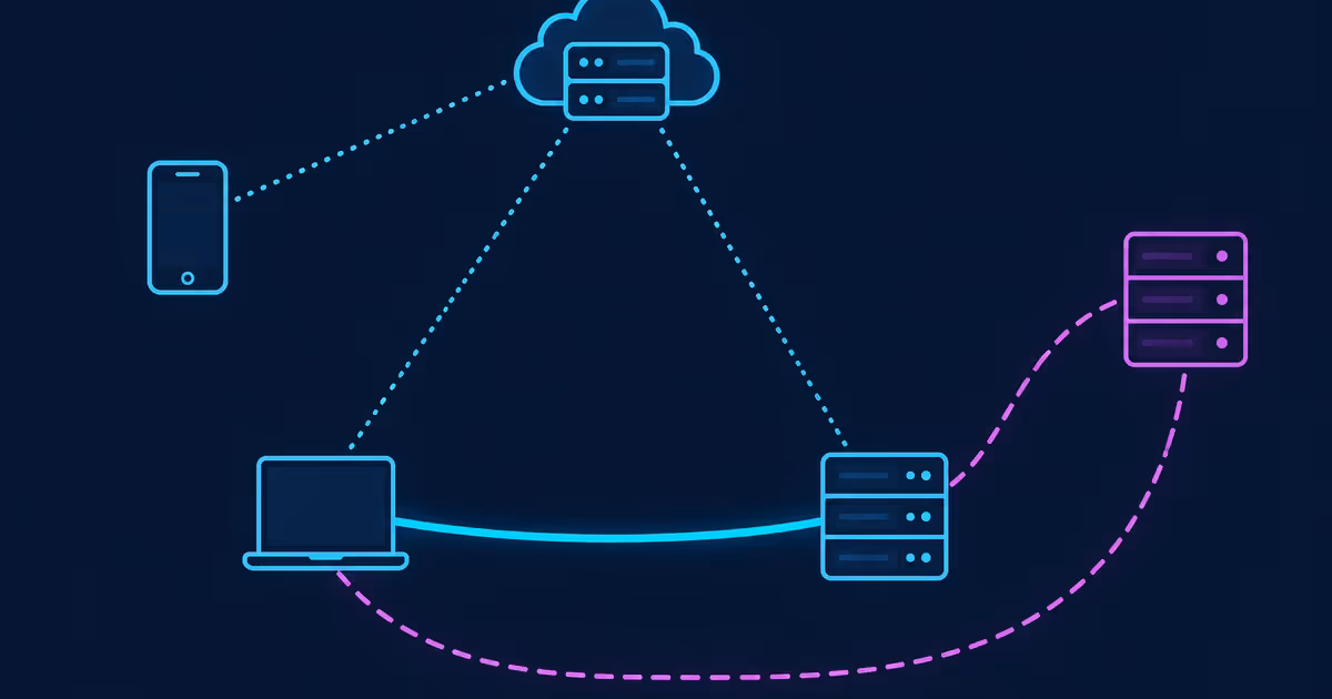 Servidor de controle coordena três dispositivos, com rota direta entre pares e caminho alternativo por relay.
