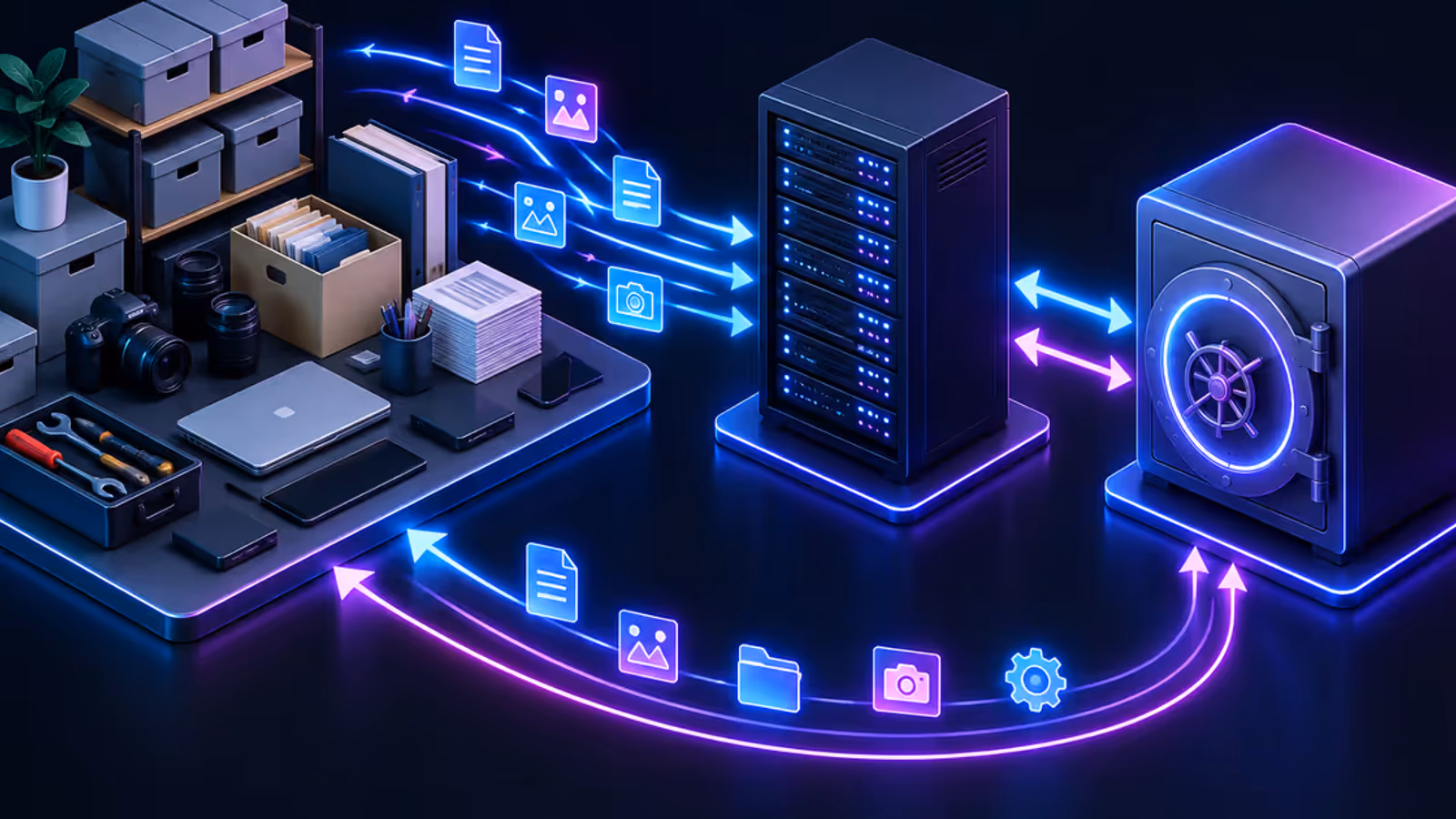 Ilustração de inventário conectado a VPS e cópia externa para representar backup e restauração em Homebox.