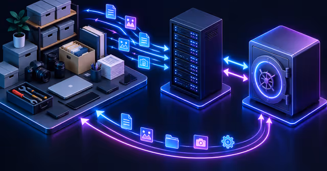 Ilustração de inventário conectado a VPS e cópia externa para representar backup e restauração em Homebox.
