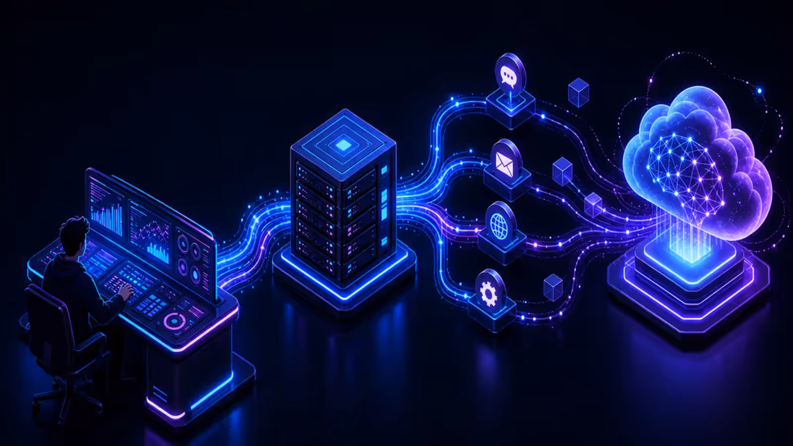 Ilustração de agente de IA conectado a VPS e APIs externas