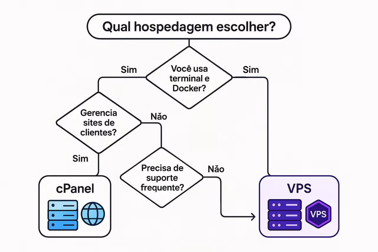 Fluxograma de decisão com 3 perguntas para escolher entre cPanel (Napoleon) e VPS (Hostinger): usa terminal? gerencia clientes? precisa de suporte frequente?