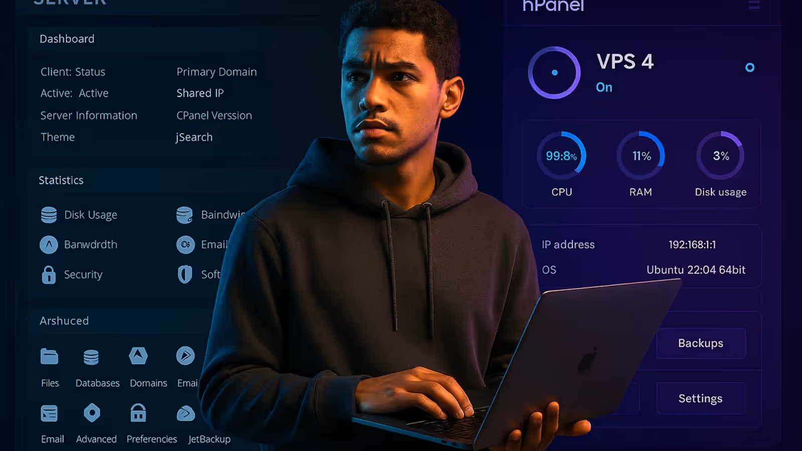 Comparação visual entre Napoleon (cPanel azul escuro tradicional) e Hostinger (hPanel moderno roxo/neon) com desenvolvedor brasileiro no centro escolhendo