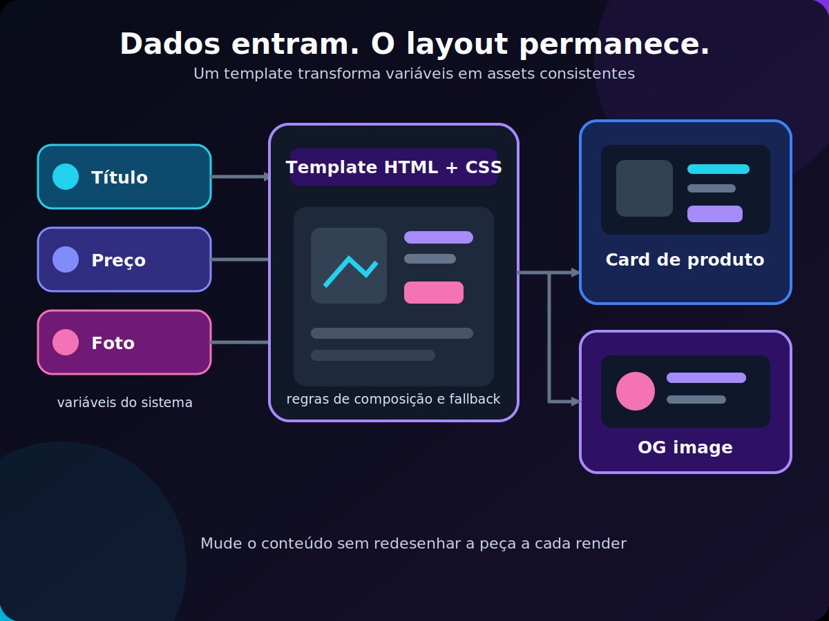 Fluxo de dados variáveis passando por um template HTML e gerando um social card como imagem.