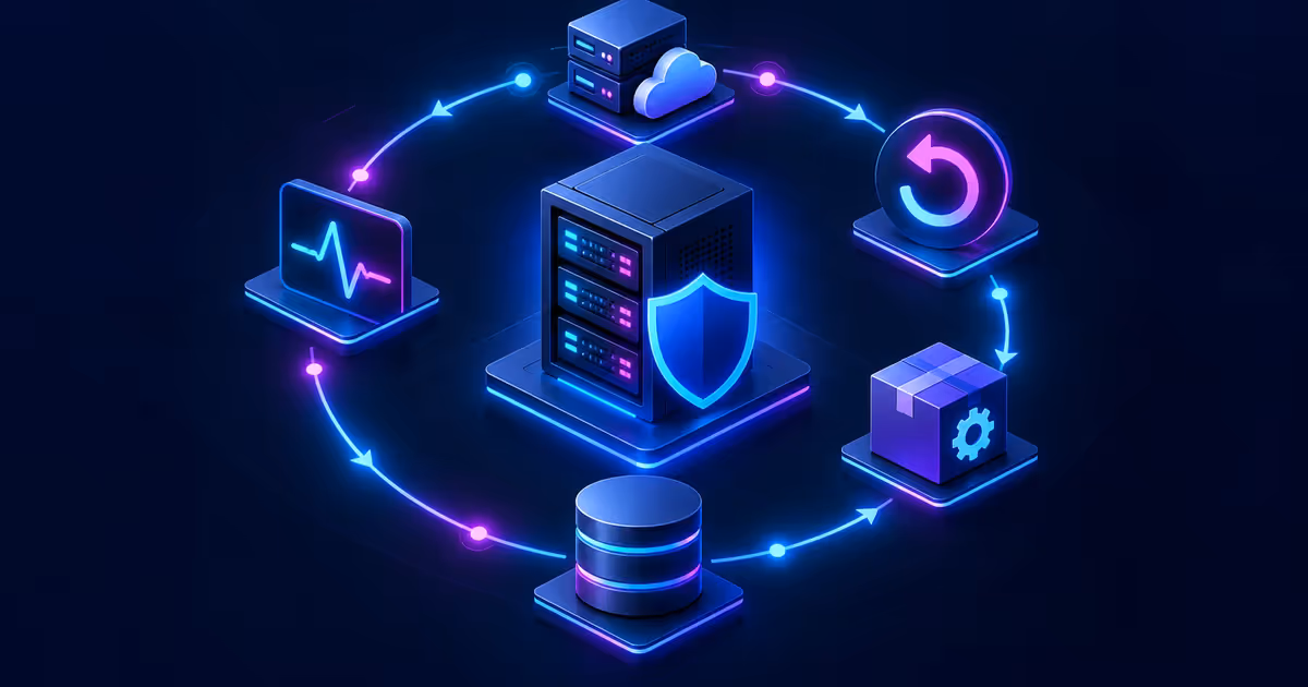 Servidor protegido integra backup, restauração, atualização, banco de dados e monitoramento em um ciclo operacional.