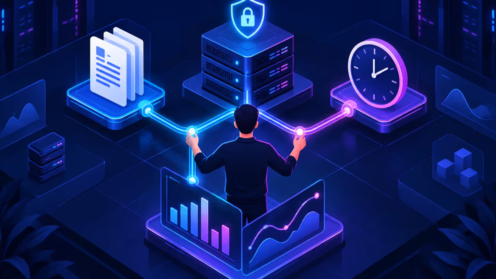 Servidor protegido conecta documentos de cobrança, painéis financeiros e controle de horas em uma operação self-hosted.