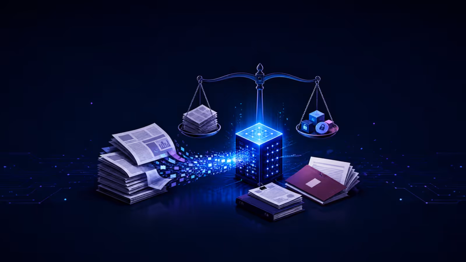 Jornais e documentos judiciais diante de um servidor de inteligência artificial em uma disputa sobre direitos autorais
