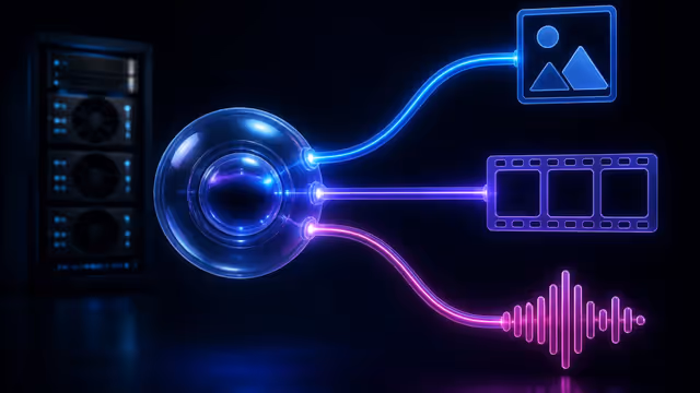 Ilustração editorial de um hub de API distribuindo tarefas de imagem, vídeo e áudio, com infraestrutura de GPU ao fundo.