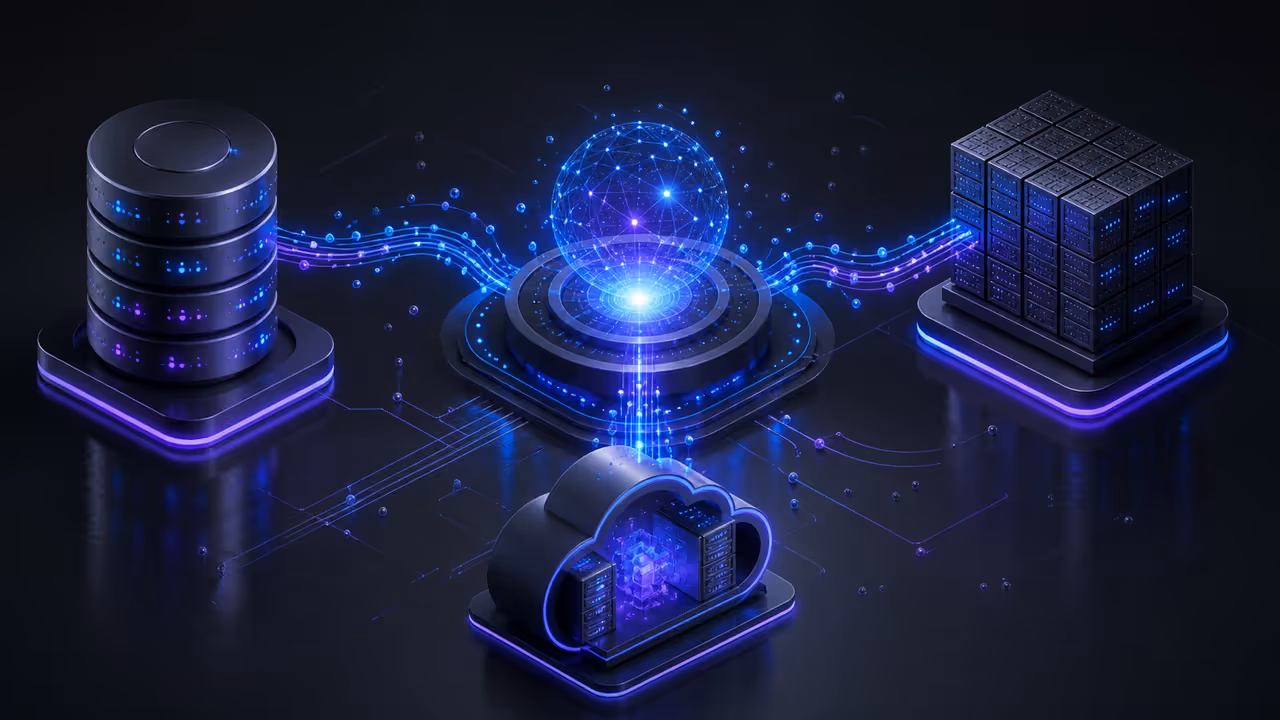 Três opções abstratas de armazenamento conectadas a um núcleo de busca semântica para RAG