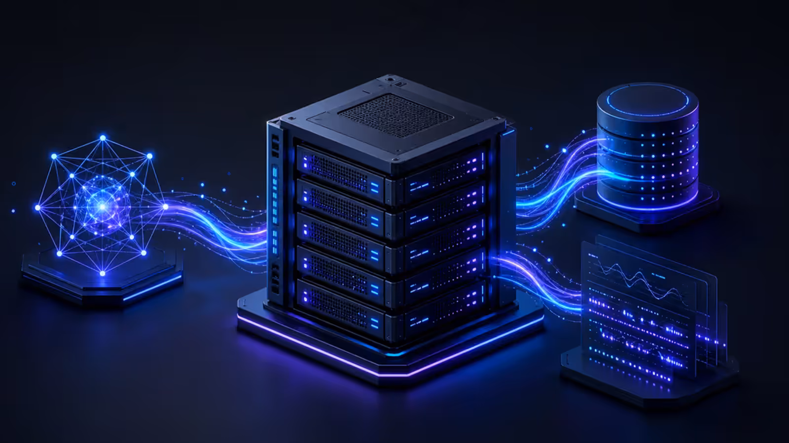 Rack de VPS conectado a agente de IA, banco vetorial e painéis de observabilidade