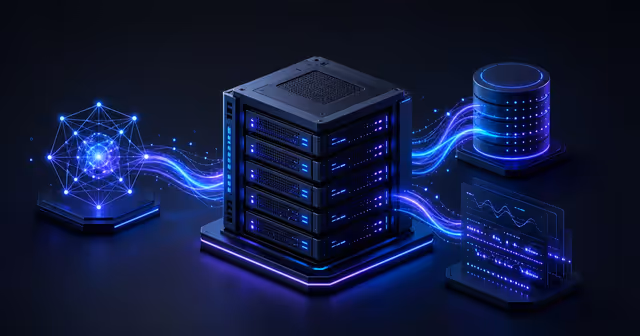 Rack de VPS conectado a agente de IA, banco vetorial e painéis de observabilidade