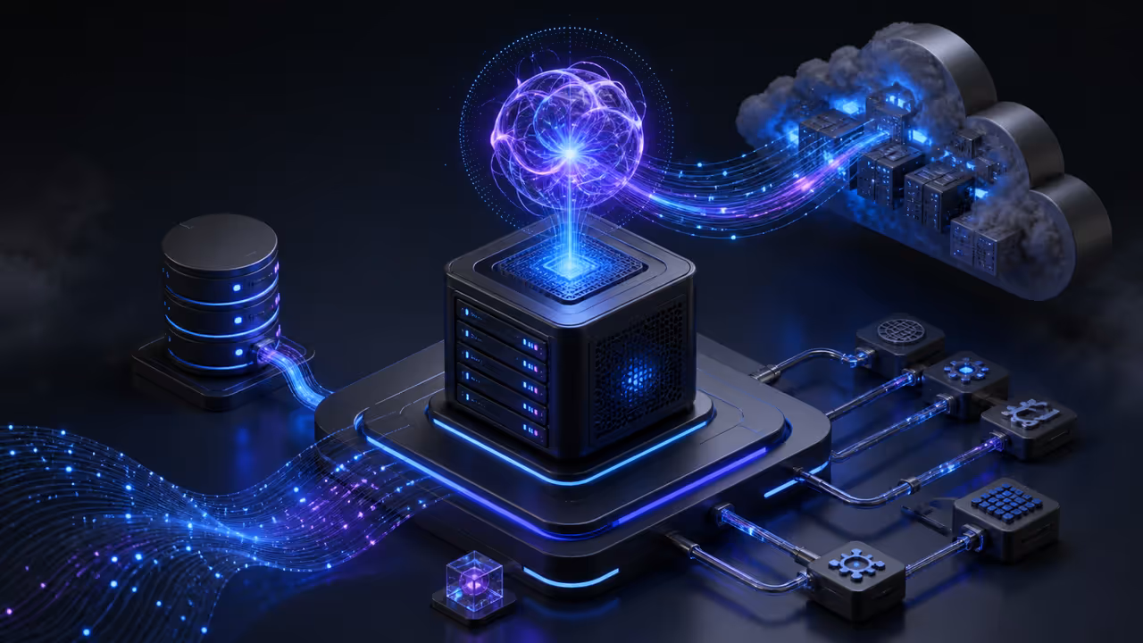 Camadas de uma aplicação de agente de IA conectando VPS, modelo externo, banco e ferramentas