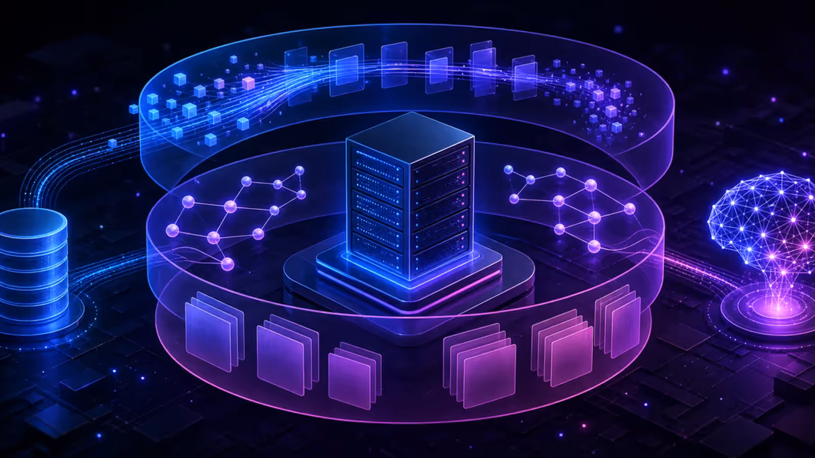 Servidor VPS central cercado por três camadas modulares de workflow, grafo de agentes e documentos indexados.