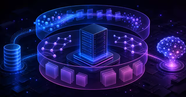 Servidor VPS central cercado por três camadas modulares de workflow, grafo de agentes e documentos indexados.