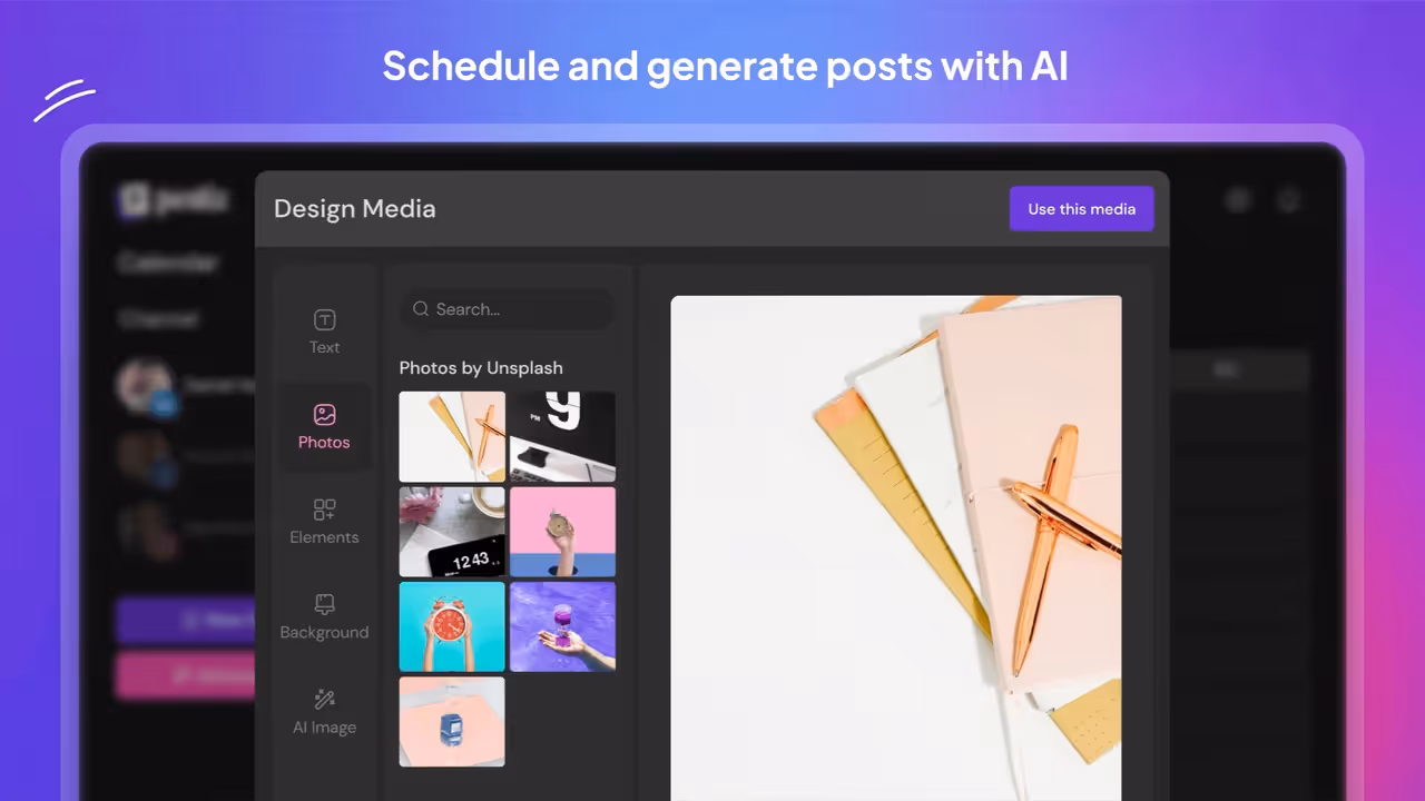 Interface do Postiz no editor Design Media, com biblioteca de fotos do Unsplash e prévia de uma imagem