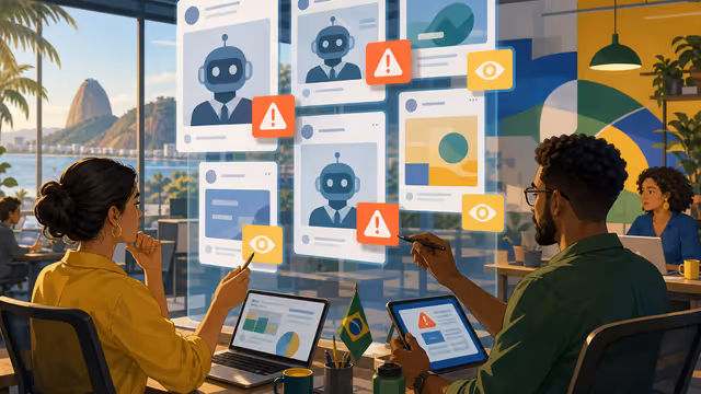 Ilustracao editorial de uma rede social com sinais de alerta sobre posts de IA repetitivos.