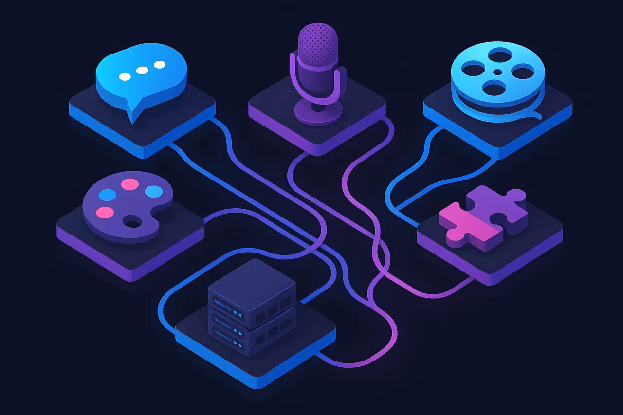 Mapa visual do ecossistema de APIs de IA dividido em 6 categorias: LLM, Imagem, Voz, Video, GPU Cloud e Hubs Multi-API