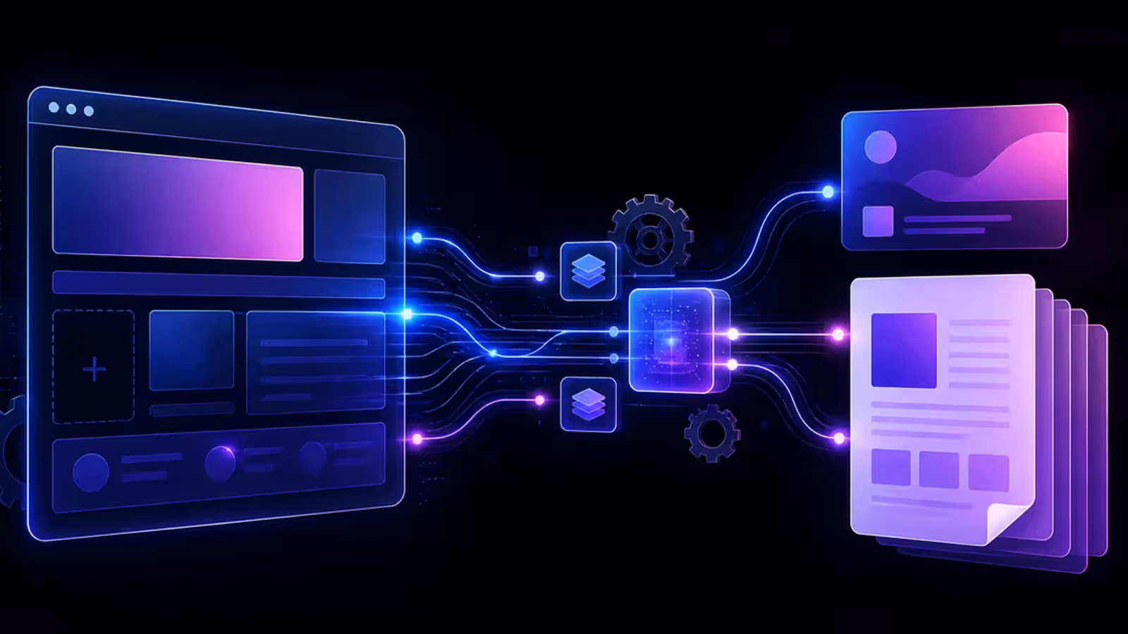 Ilustração de um template HTML sendo convertido em card social e documento PDF por um fluxo automatizado