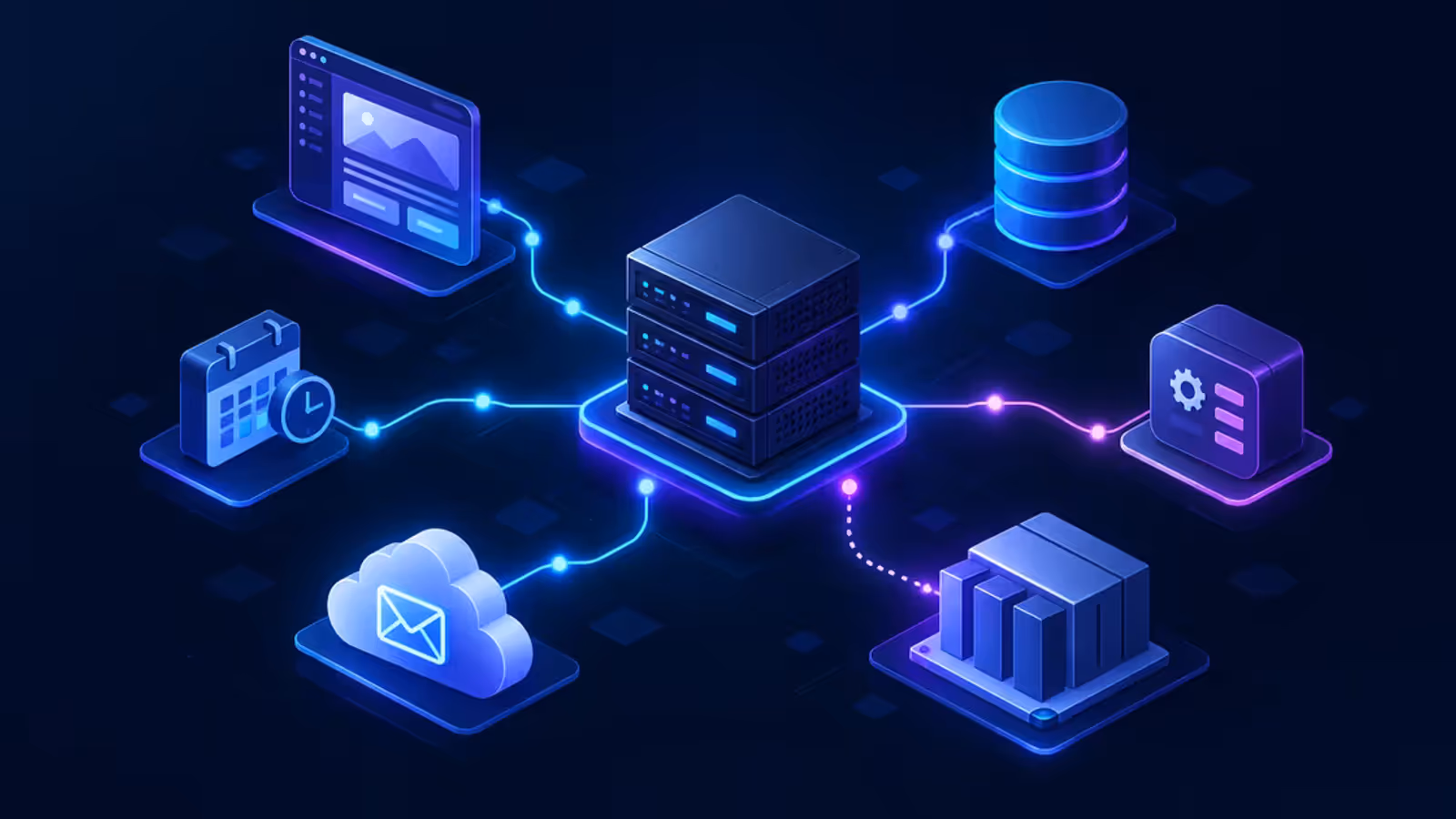 Ilustração da arquitetura do Mautic em VPS com aplicação web, banco, cron, worker, provedor de e-mail e backup externo.