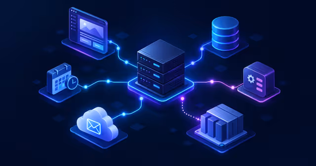 Ilustração da arquitetura do Mautic em VPS com aplicação web, banco, cron, worker, provedor de e-mail e backup externo.