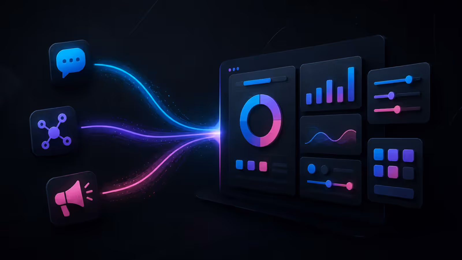 Três rotas digitais de mensagem, rede social e anúncio convergem para um painel de campanha