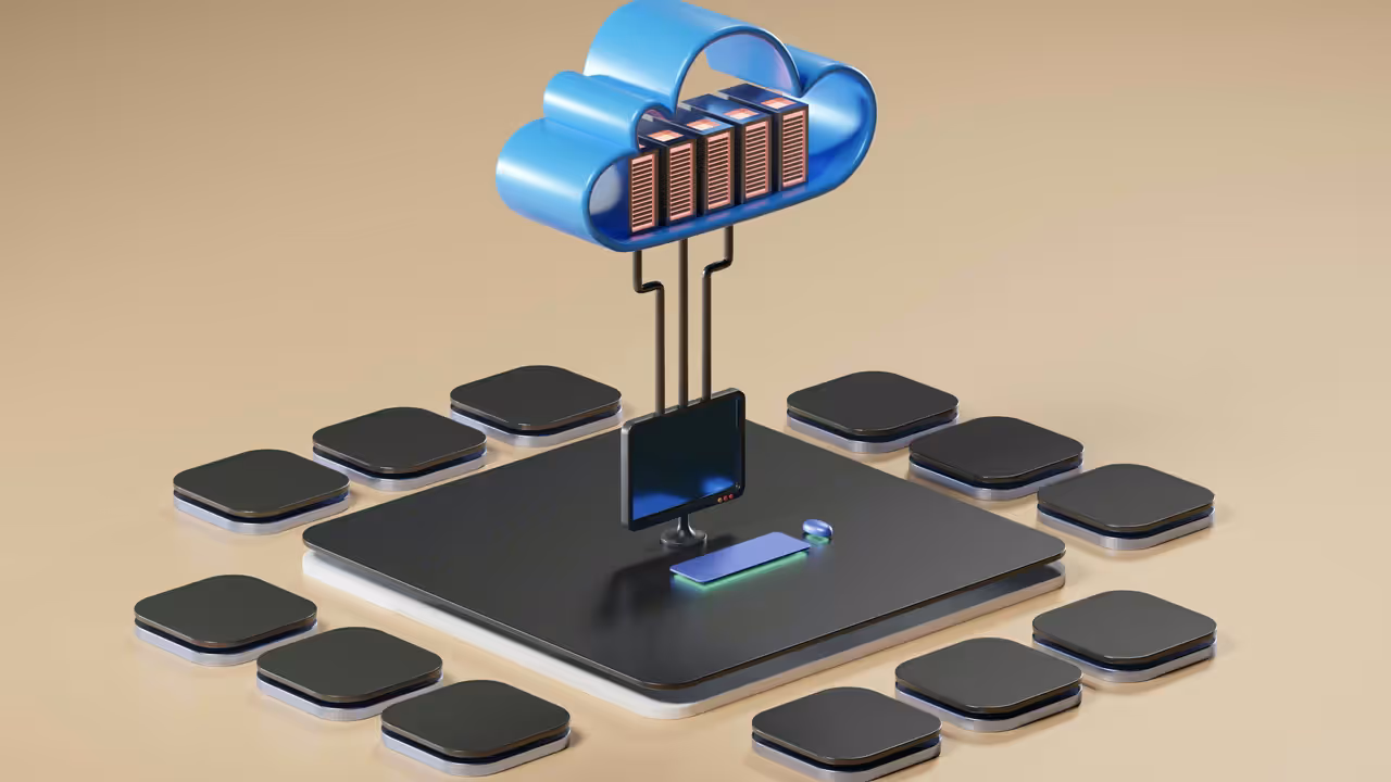 Render 3D de computação em nuvem com dados e tecnologia — representando desempenho e infraestrutura moderna de hospedagem