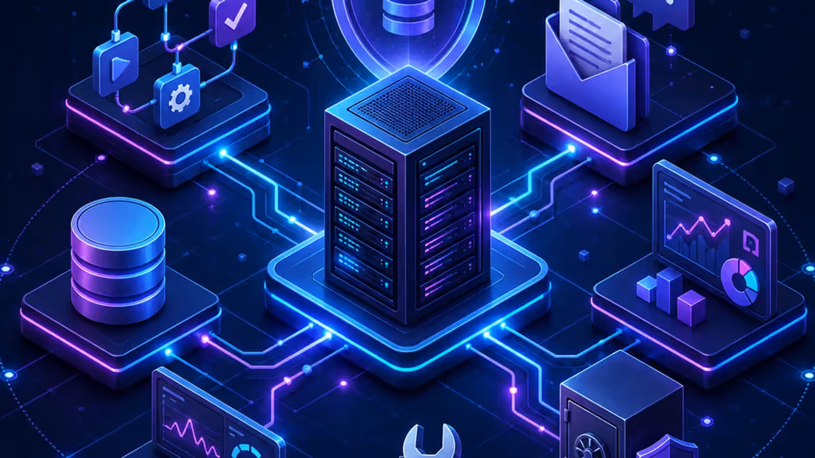 Servidor VPS conectado a módulos de automação, atendimento, análise, monitoramento e segurança