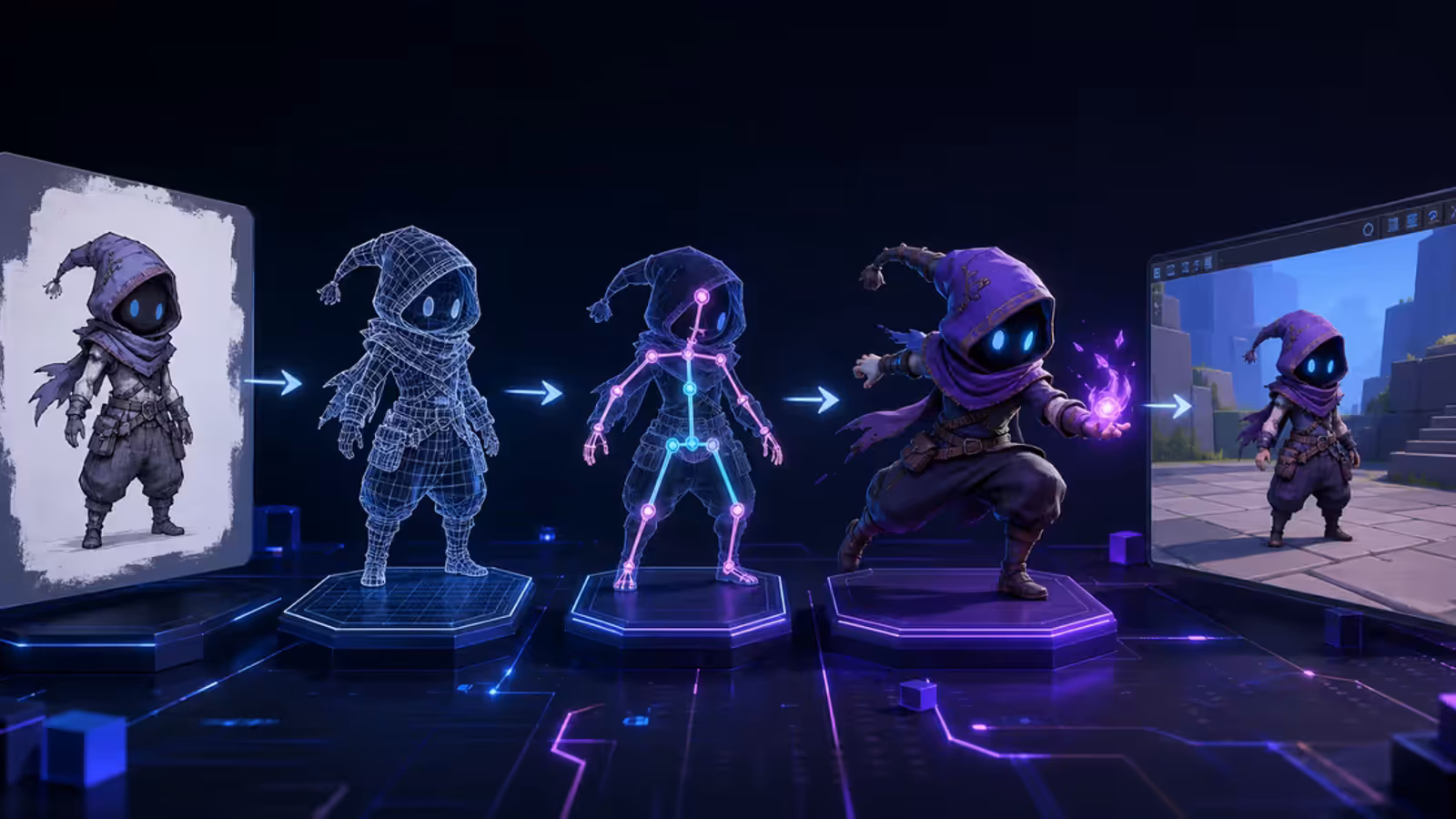 Pipeline visual de personagem 3D passando por conceito, malha, rig, animação e engine de jogo