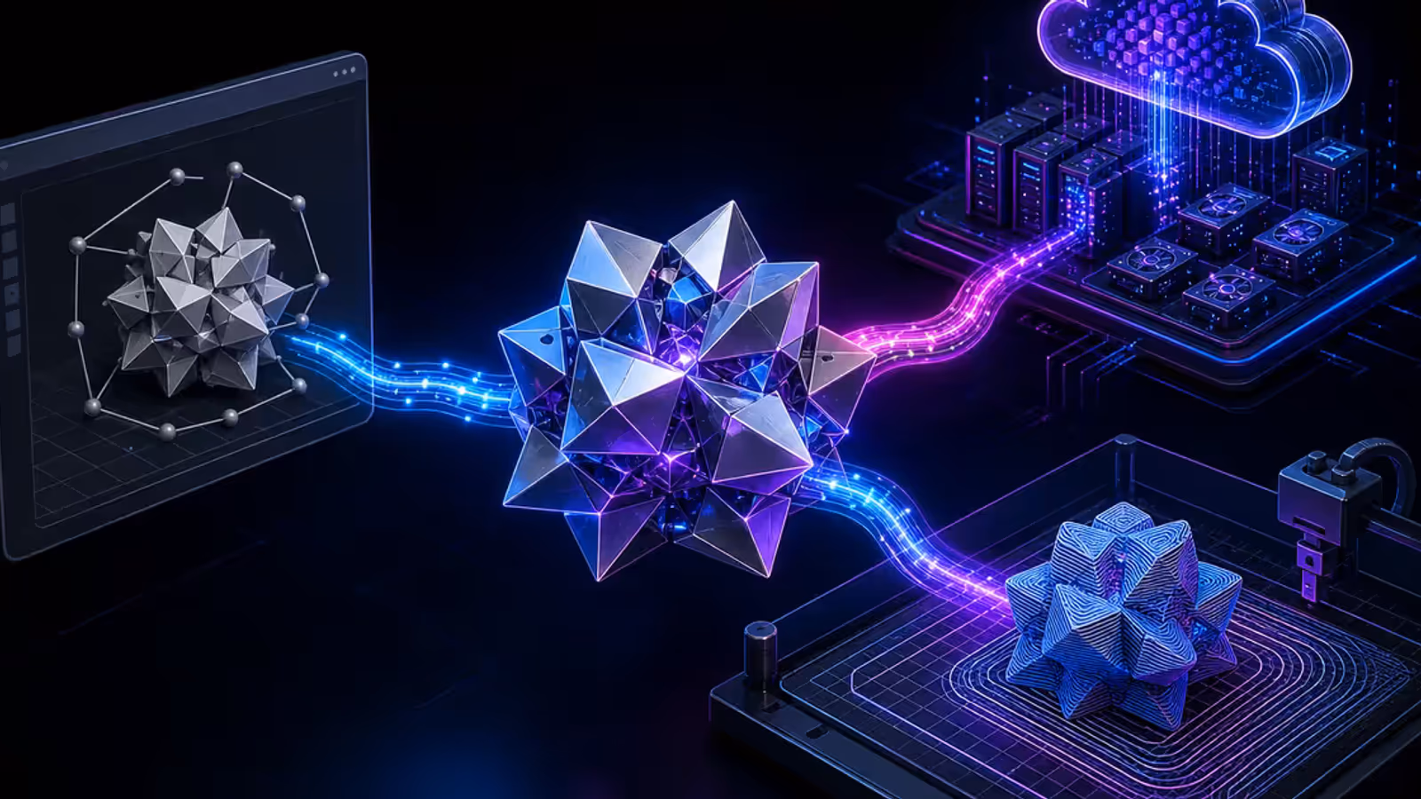 Ilustração 3D de um objeto gerado por IA seguindo para uma engine de jogo, um fatiador de impressão 3D e um pipeline de GPU em nuvem.