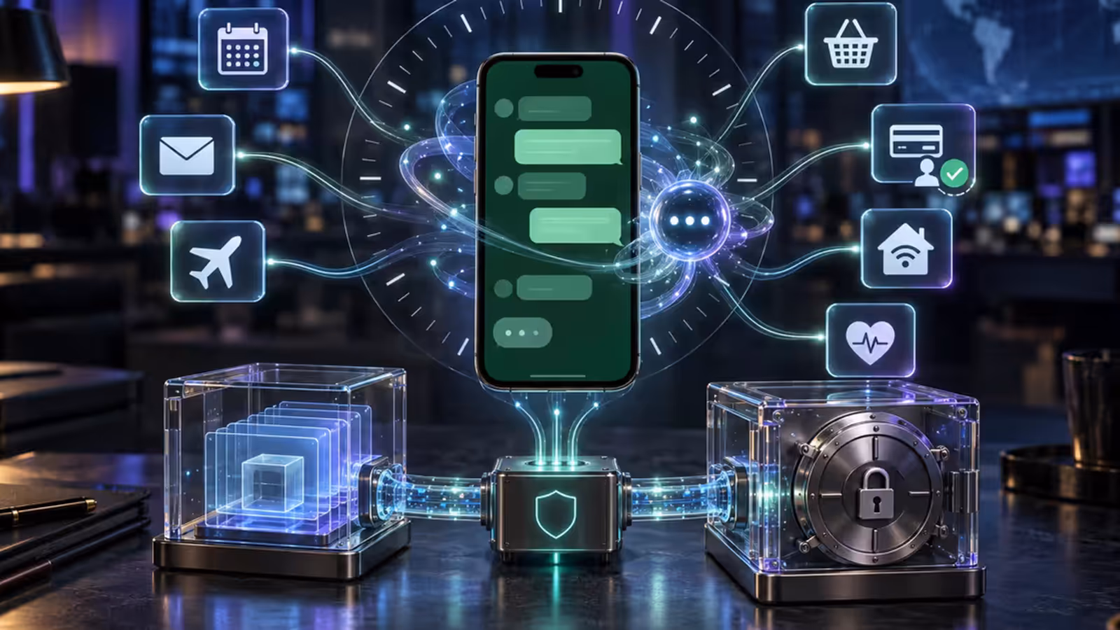 Smartphone com agente pessoal de IA conectado a calendário, e-mail, compras, pagamentos e cofre de privacidade
