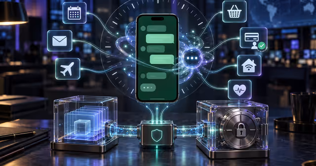 Smartphone com agente pessoal de IA conectado a calendário, e-mail, compras, pagamentos e cofre de privacidade