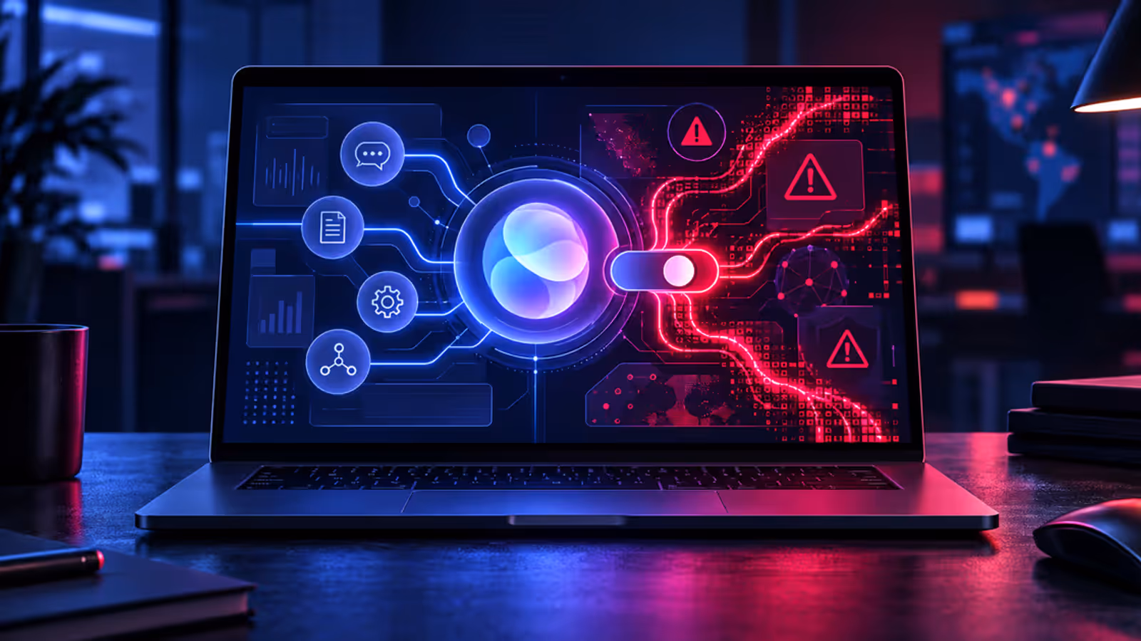 Interface de agente de IA em um laptop sendo comprometida por uma configuração oculta.