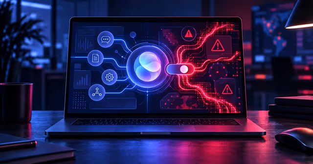 Interface de agente de IA em um laptop sendo comprometida por uma configuração oculta.