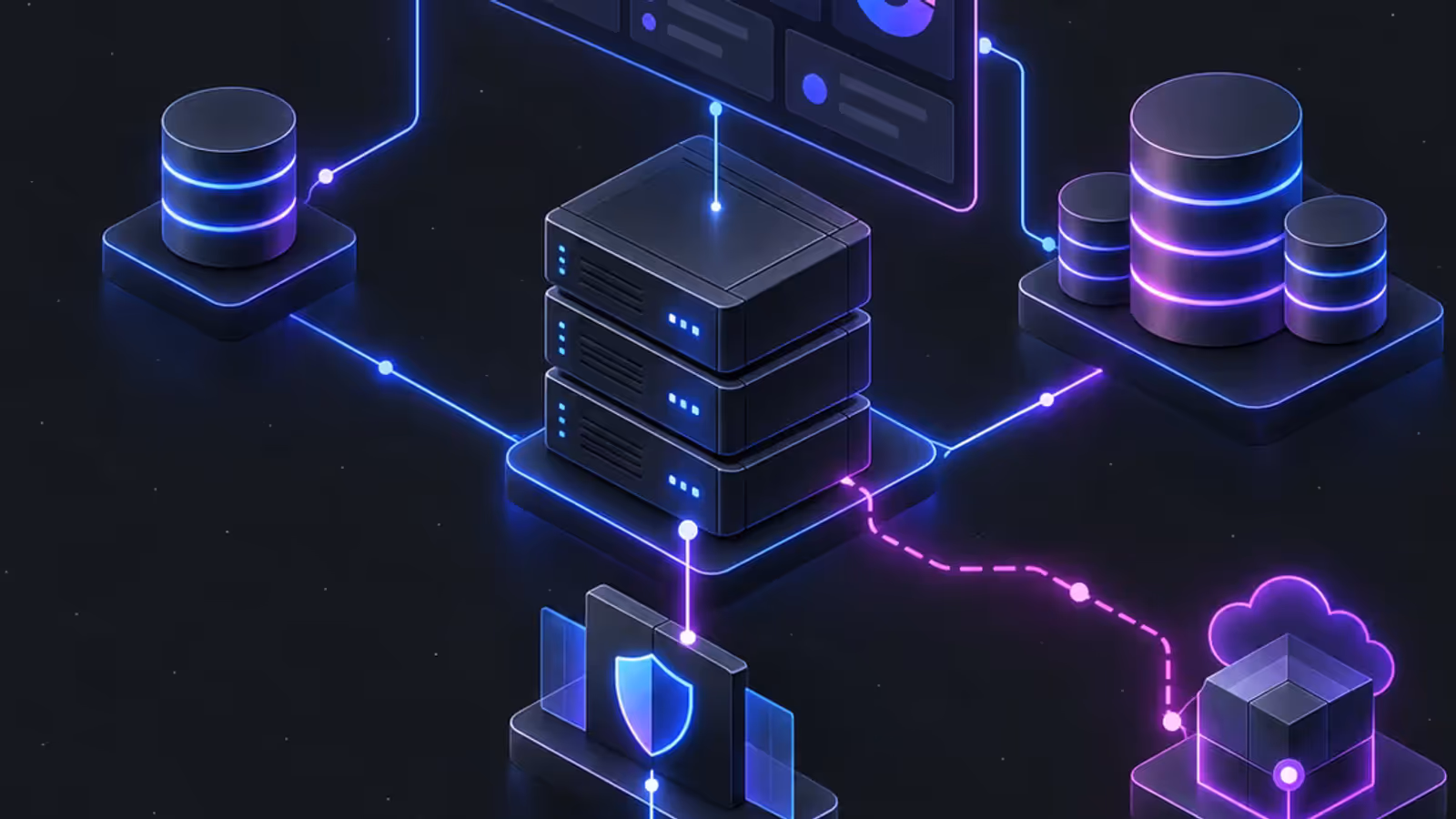 Arquitetura de dashboards em VPS com servidor, painel analítico, bancos separados, proxy seguro e backup externo.