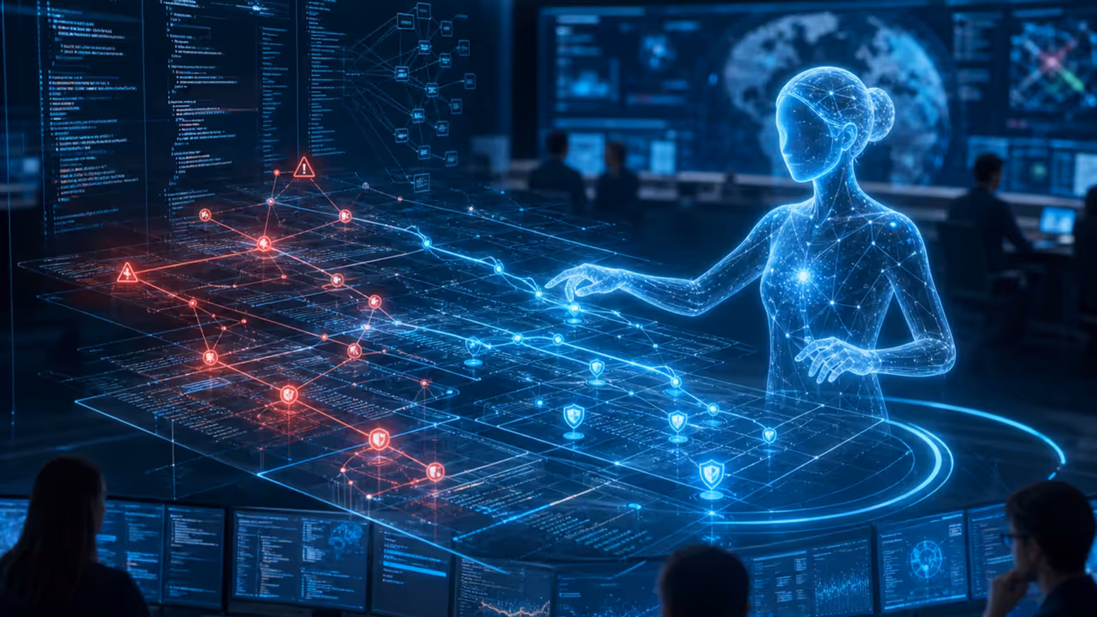 Ilustração editorial de uma operação de cibersegurança de código com IA, com nós vermelhos virando azuis em uma sala de monitoramento corporativa.