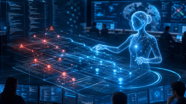 Ilustração editorial de uma operação de cibersegurança de código com IA, com nós vermelhos virando azuis em uma sala de monitoramento corporativa.