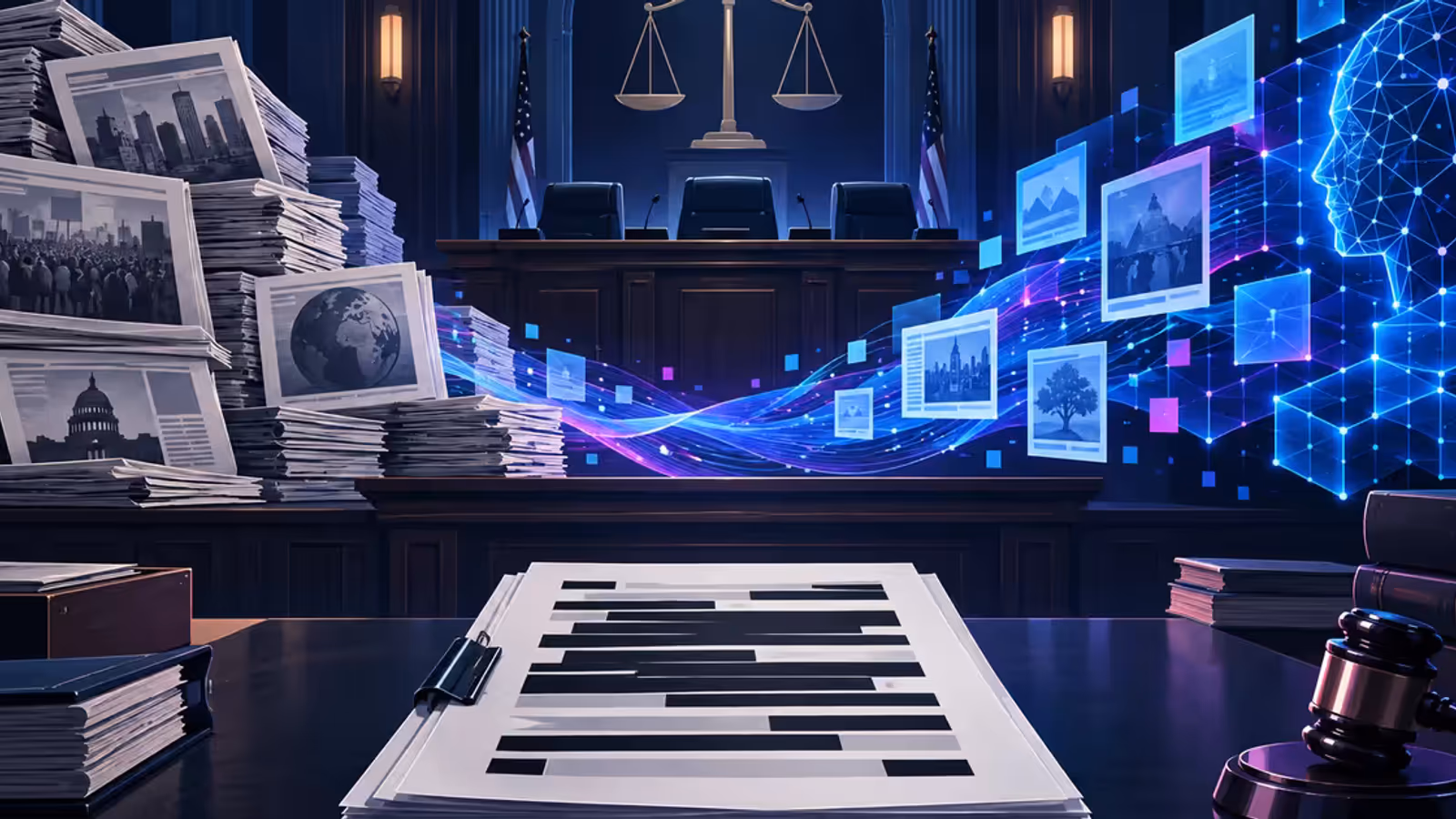 Documento judicial tarjado entre pilhas de jornais enquanto dados luminosos alimentam uma rede neural de inteligência artificial.