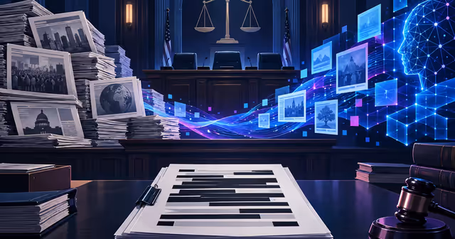 Documento judicial tarjado entre pilhas de jornais enquanto dados luminosos alimentam uma rede neural de inteligência artificial.