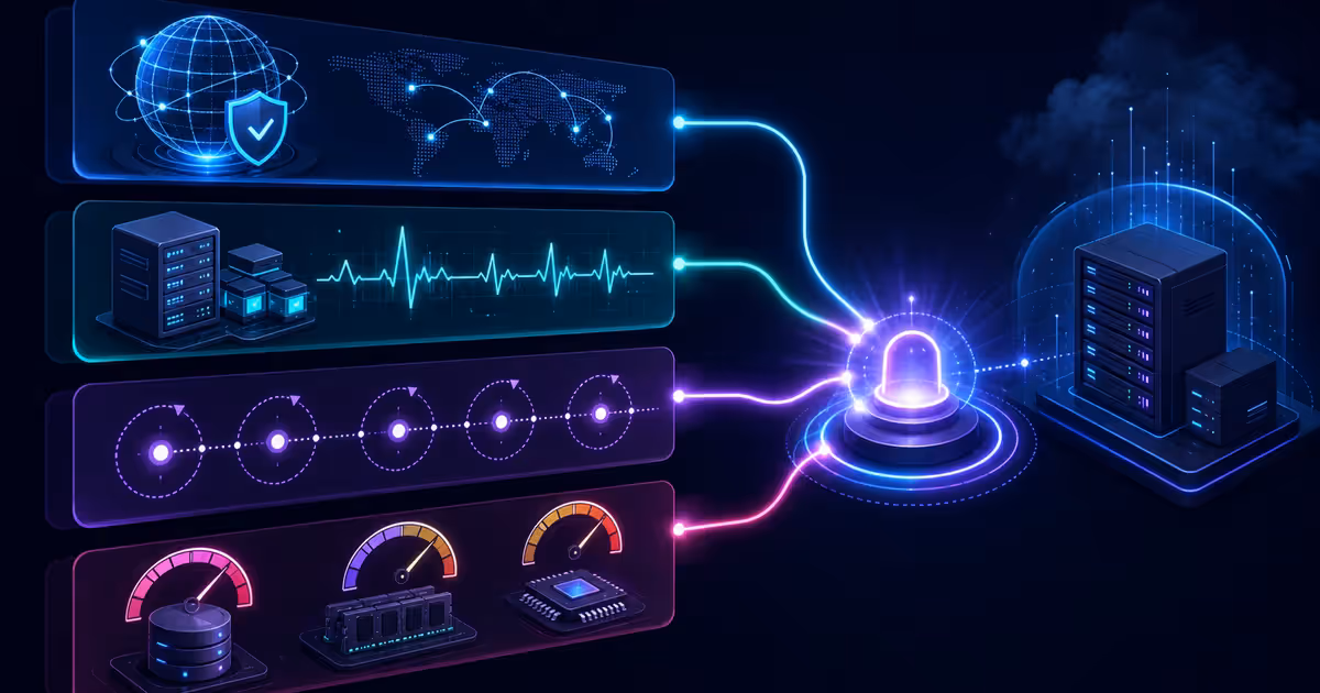 Camadas de monitoramento externo, saúde da aplicação, jobs e recursos convergem para um alerta central