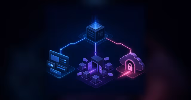 Ilustração isométrica de uma VPS com três rotas para Nginx Proxy Manager, Traefik e Cloudflare Tunnel