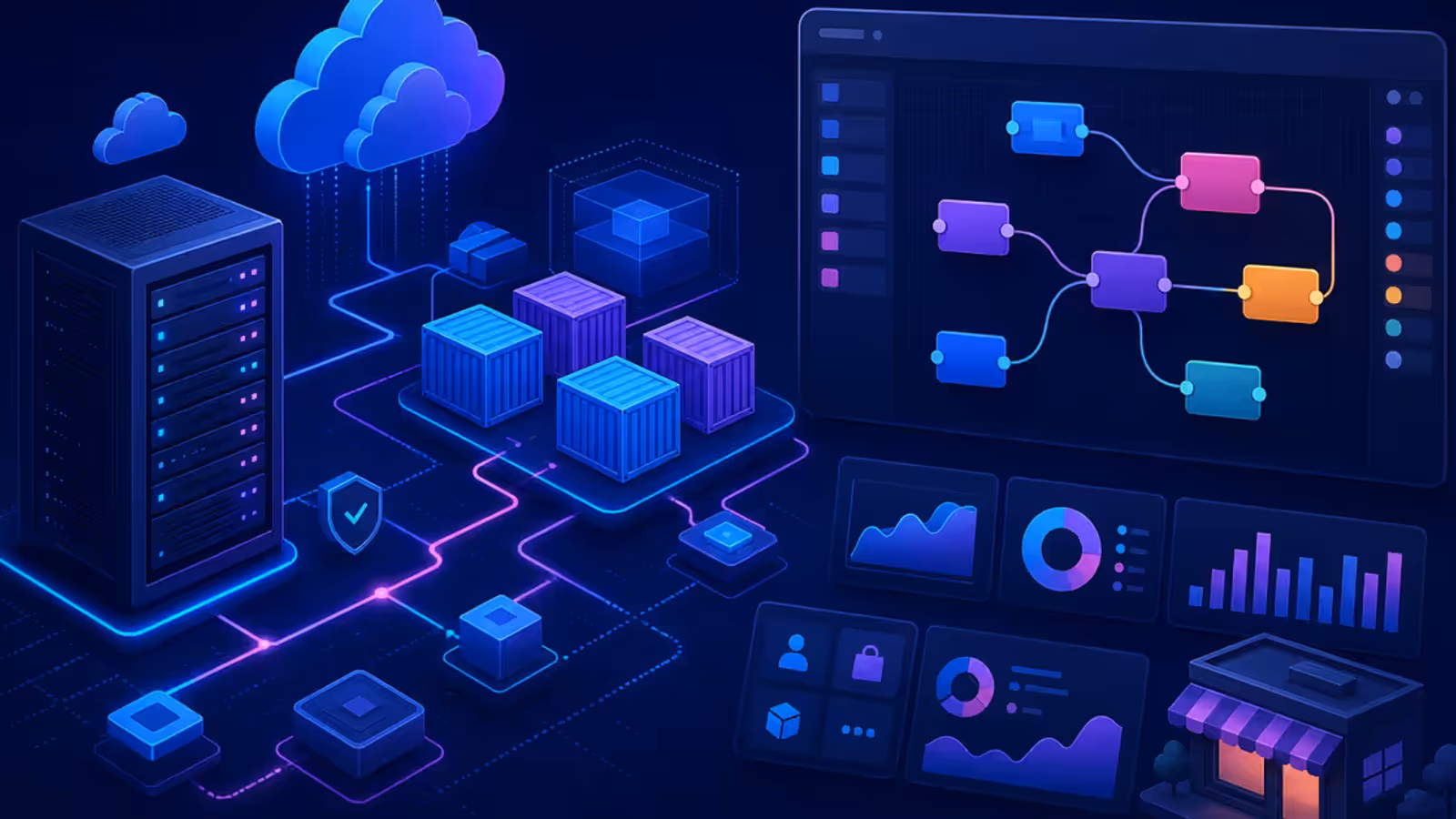Ilustração editorial de um fluxo visual de automação em containers conectados a uma VPS