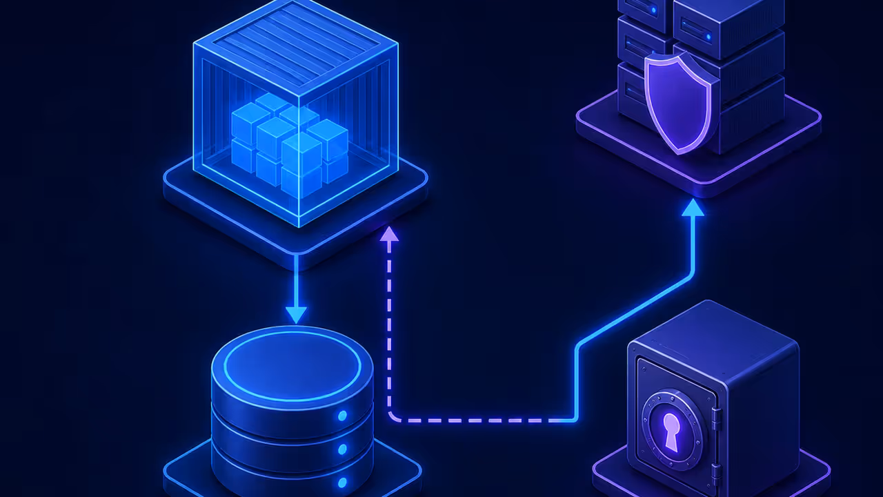Ilustração técnica de container ligado a volume persistente, cofre de segredos e backup protegido