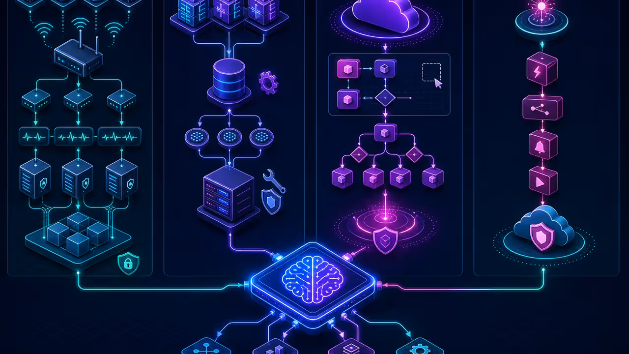 Quatro abordagens visuais de automação: eventos técnicos, apps self-hosted e fluxos gerenciados