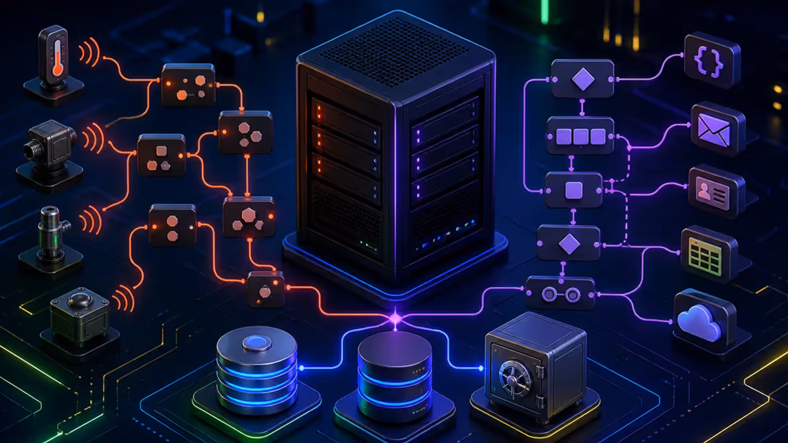 Ilustração de fluxos Node-RED com sensores e n8n com apps convergindo em uma VPS com banco de dados e backup