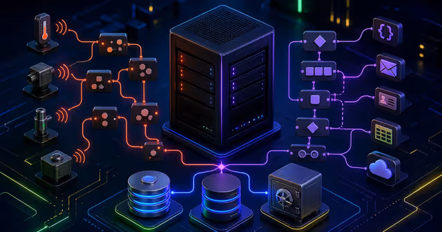 Ilustração de fluxos Node-RED com sensores e n8n com apps convergindo em uma VPS com banco de dados e backup
