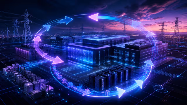 Ilustração editorial de data centers de IA conectados à rede elétrica em um ciclo de investimento