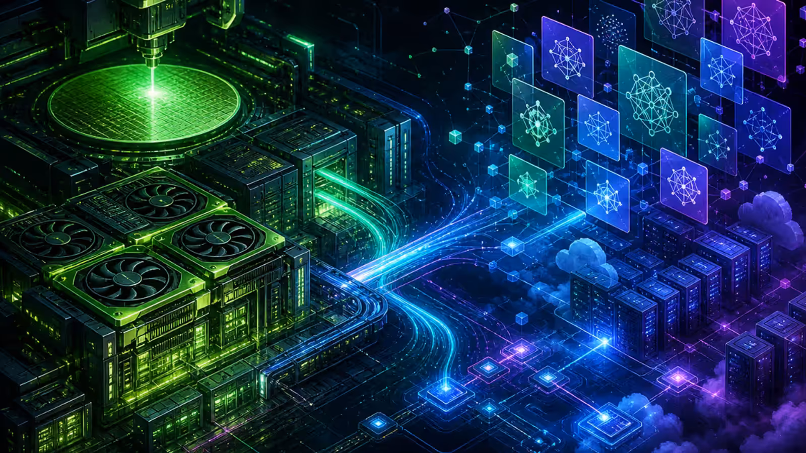 Ilustração de uma fábrica de GPUs conectada a servidores e repositórios de modelos de IA